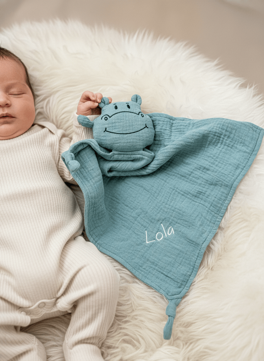 Schnuffeltuch Hippo in Mint mit gesticktem Namen neben einem Baby