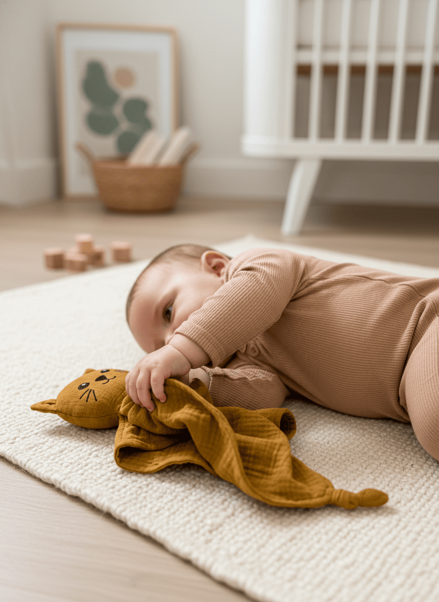 Schmusetuch Schnuffeltuch Katze ocker mit Baby