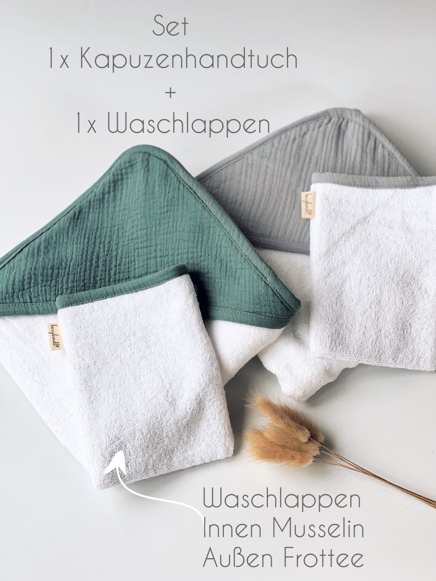 Hooded towel & washcloth set in mint color