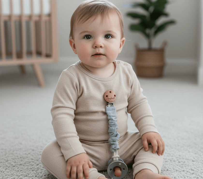 Schnullerkette Baby Musselin grau