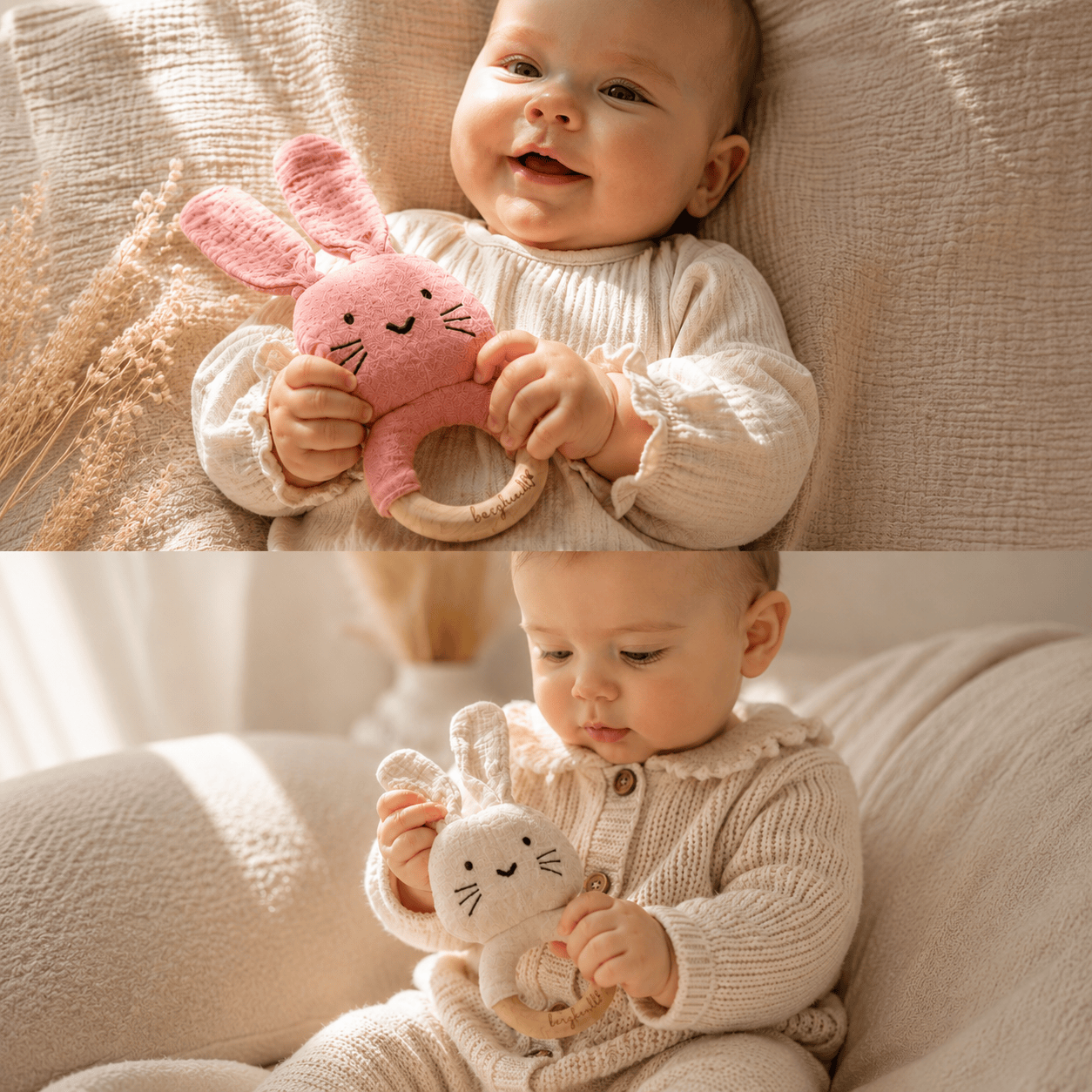 Hasen Greifrassel aus Bio-Musselin mit Baby