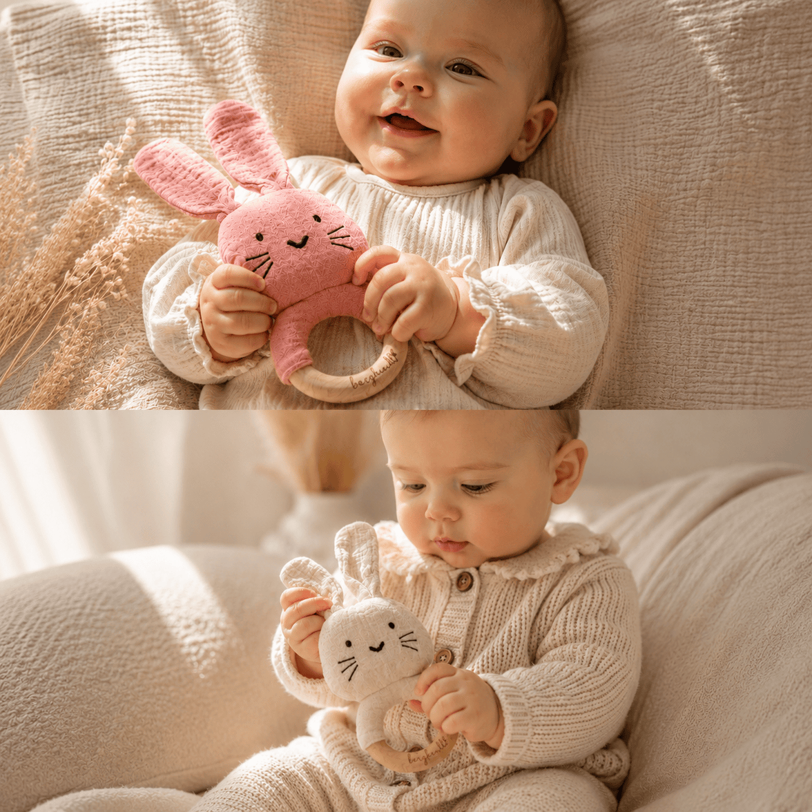 Hasen Greifrassel aus Bio-Musselin mit Baby