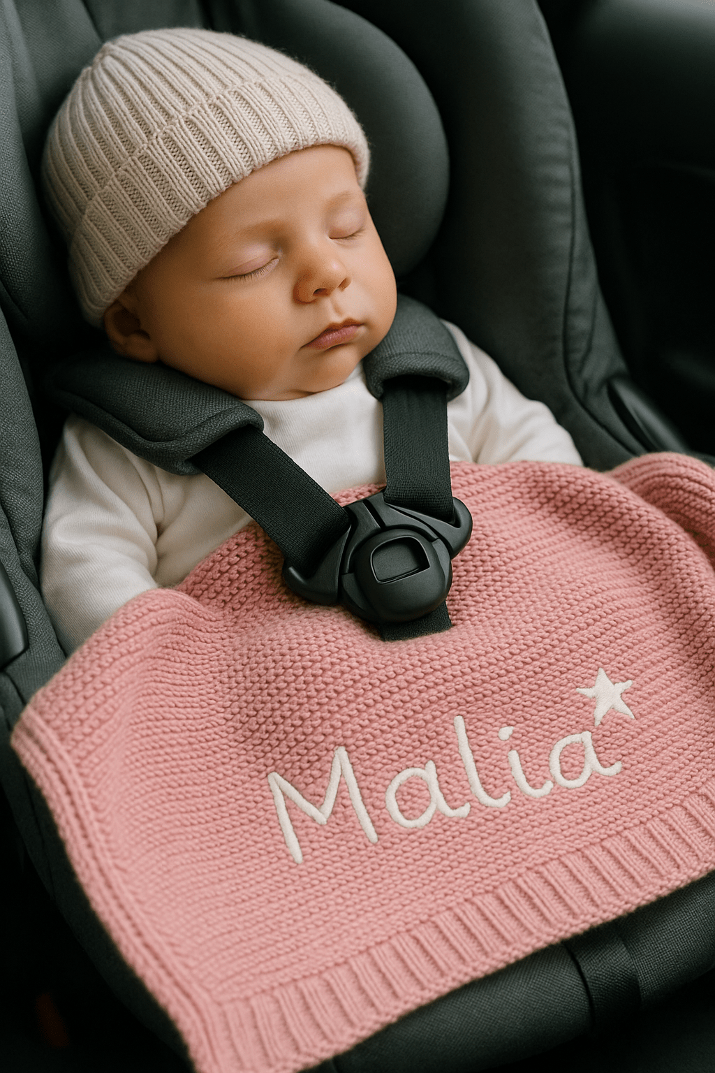 Babydecke mit Namen im Autositz rose