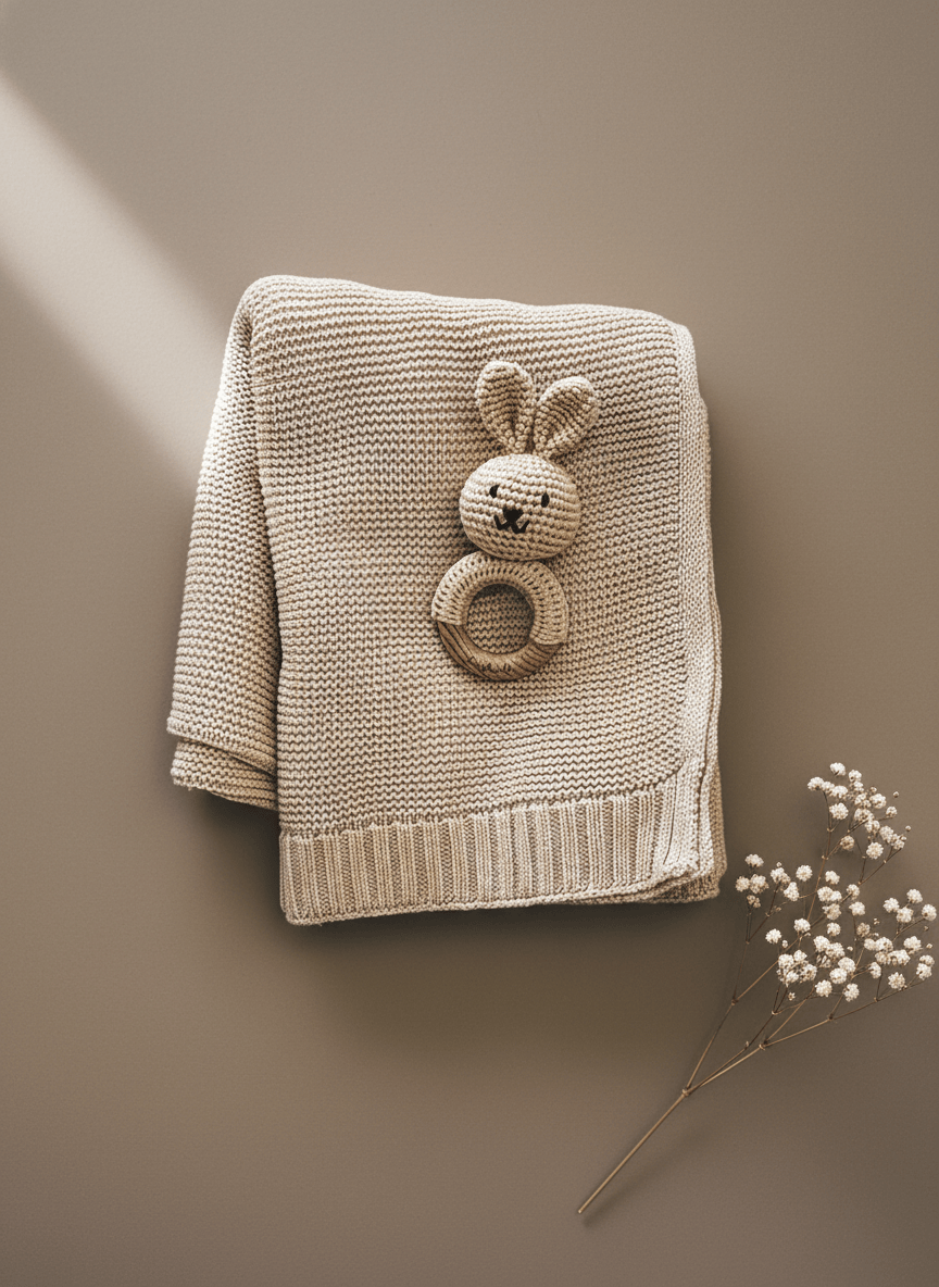 Baby Geschenk Geburt Decke beige und  Rassel Hase