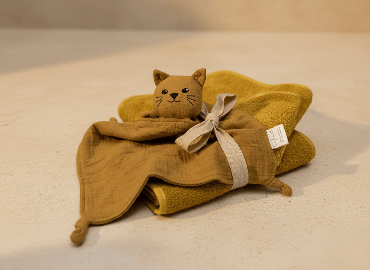 Geschenk zur Geburt in ocker