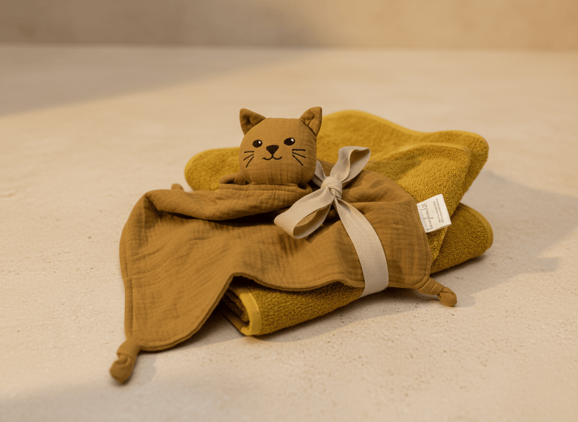 Geschenk zur Geburt in ocker