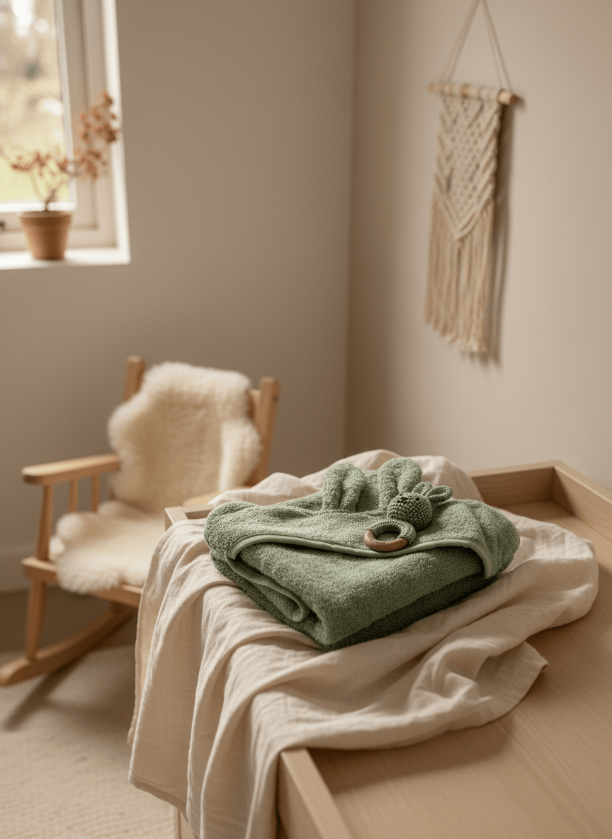 Geschenk zur Geburt – Babyhandtuch in Salbei mit Hasen-Rasse
