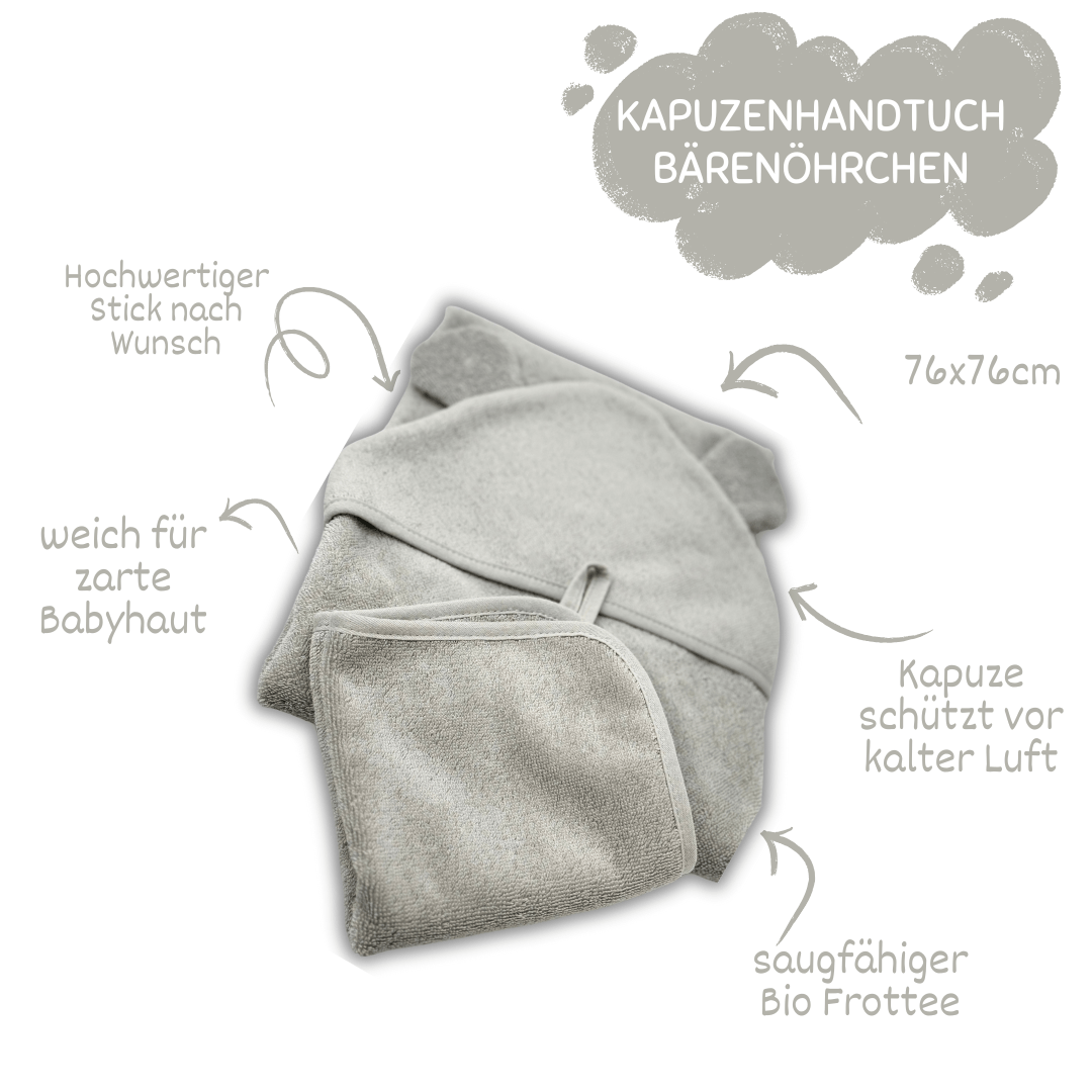 Geschenk zur Geburt – Babyhandtuch in Grau mit Koala-Rassel