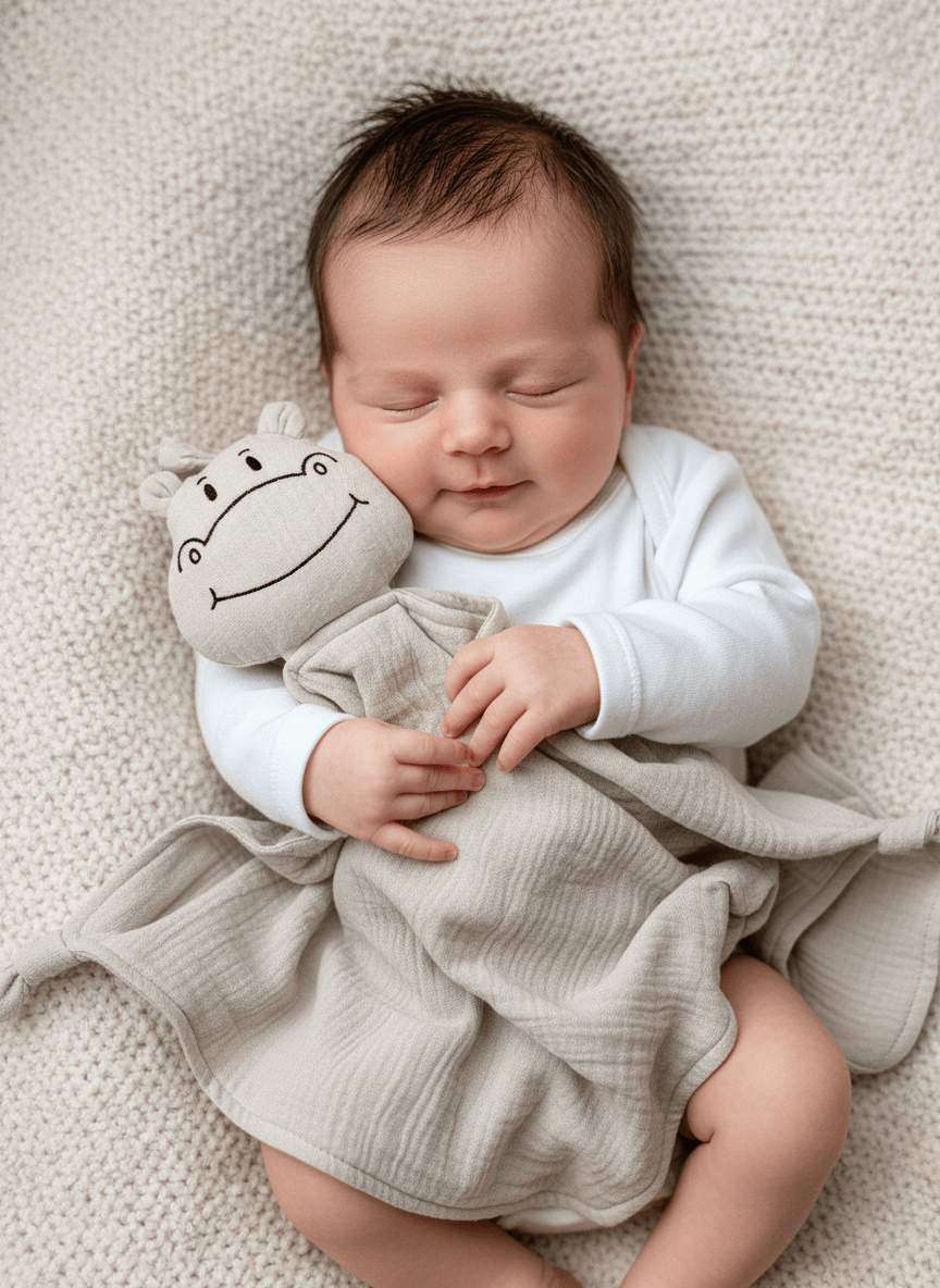 Schnuffeltuch-Schmusetuch Hippo creme - Baby hält es im Arm