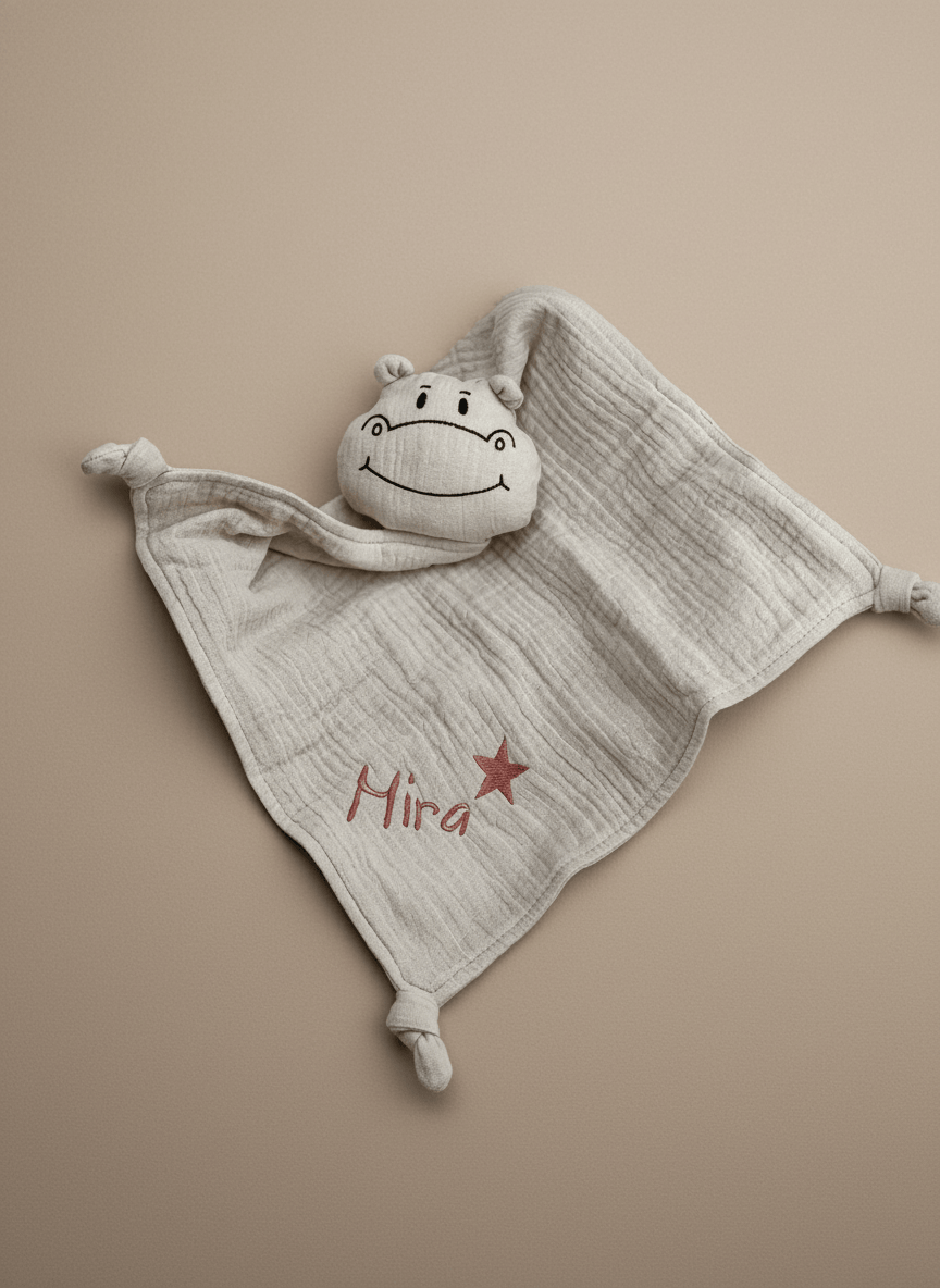 Schnuffeltuch-Schmusetuch Hippo creme - mit Stern und namen