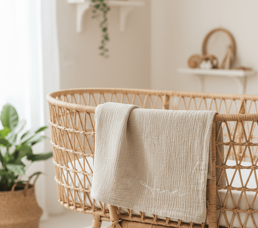 Musselin Babydecke creme aus (Bio)Baumwolle mit personalisierung