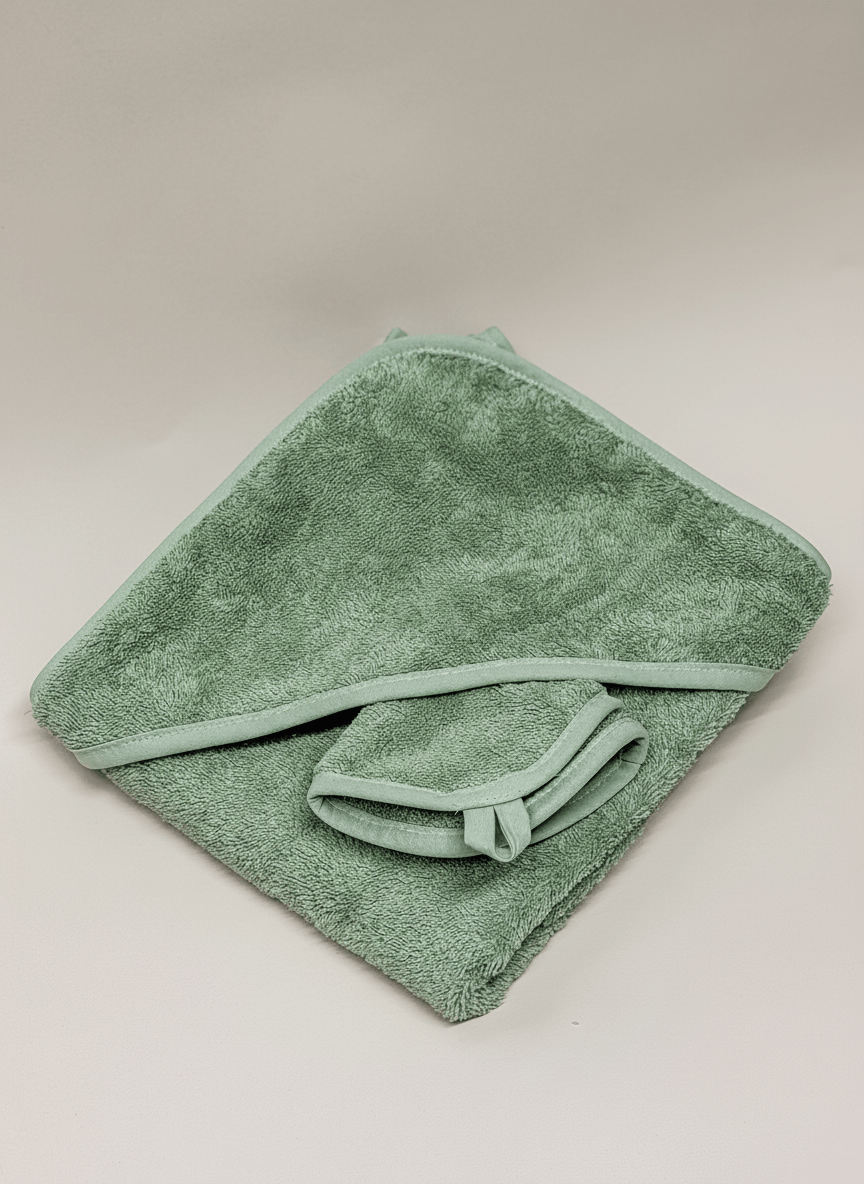 Baby Kapuzenhandtuch Salbei aus 100 % Baumwolle mit Waschlappen
