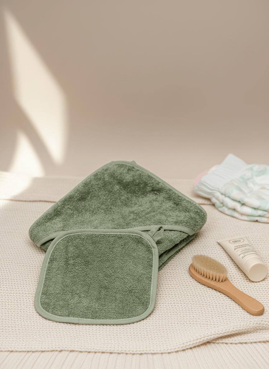 Baby Kapuzenhandtuch Salbei aus baumwolle mit Waschlappen und Deko