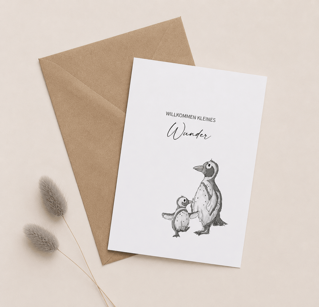 Geschenkkarte Geburt mit Umschlag und Pinguinen