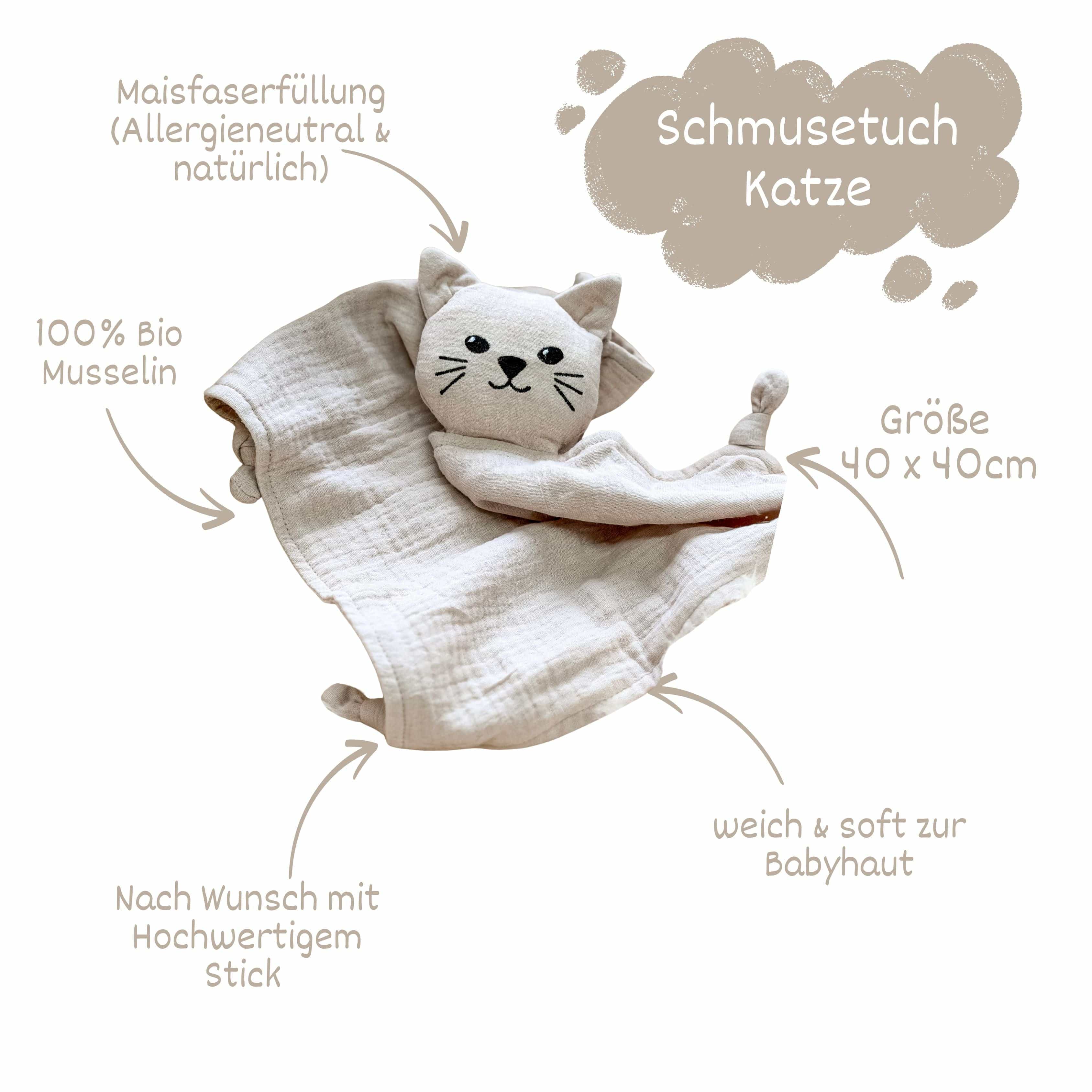Schmusetuch Katze in creme mit Produktmerkmalen