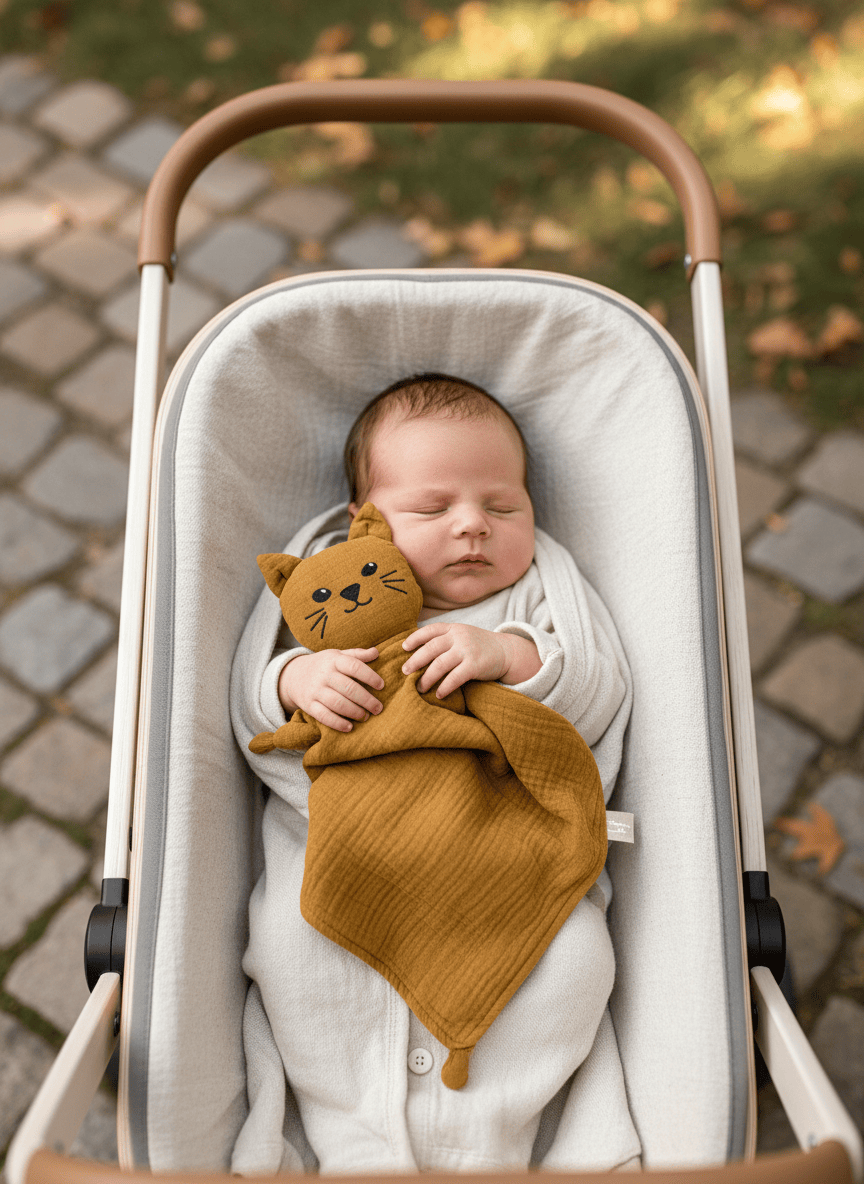 Schmusetuch Katze ocker mit Baby