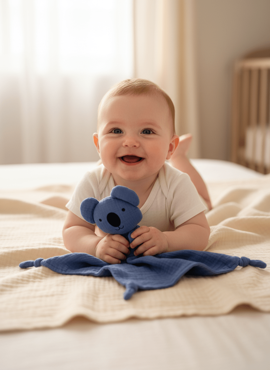 Schnuffeltuch / Shcmusetuch Koala blau in babyhand