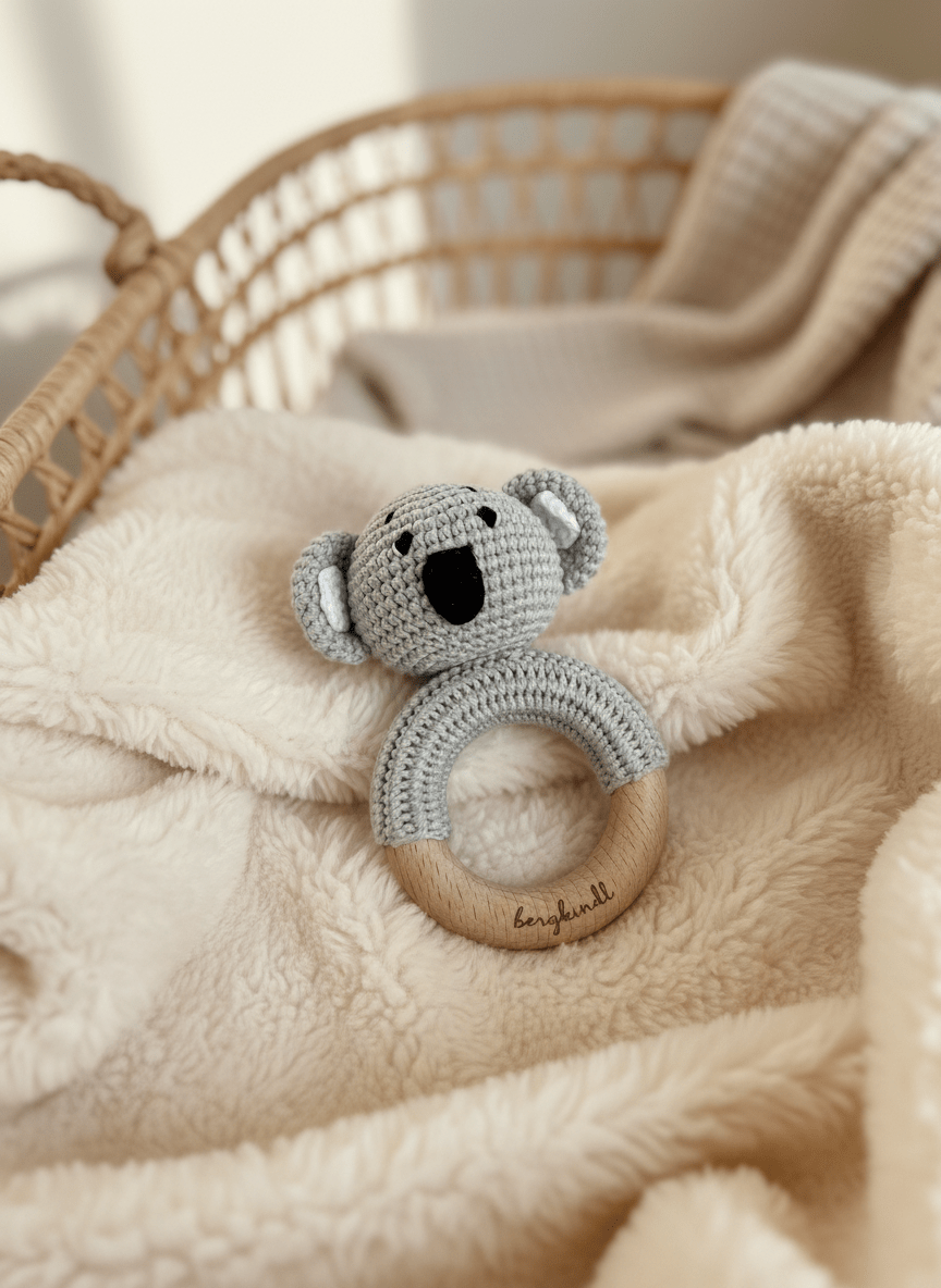 Geschenk zur Geburt – Babydecke in Grau mit Koala-Rassel