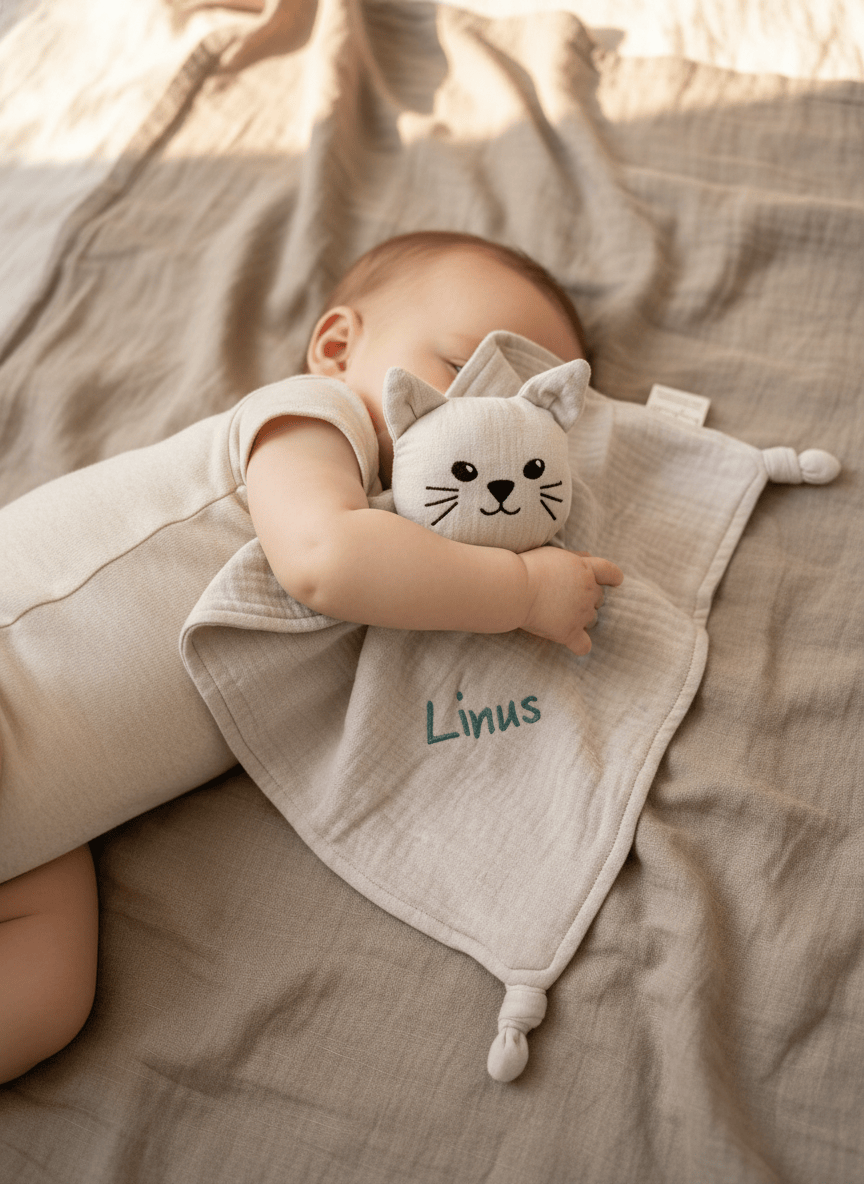 Schnuffeltuch Schmusetuch Katze in creme mit Namen personalisiert