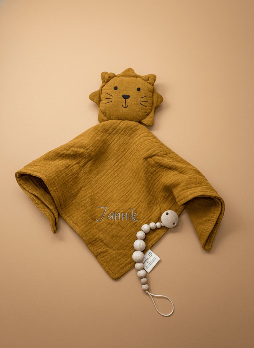 Schnuffeltuch Löwe Ocker aus Bio - Musselin - mit Namen
