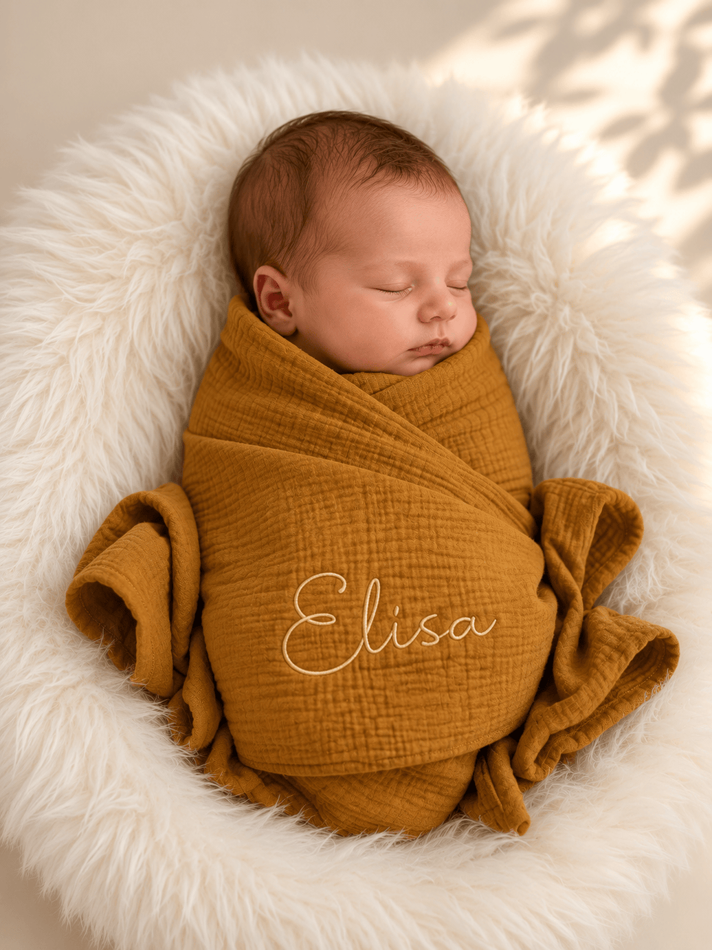 Musselin Babydecke ocker mit personalisierung