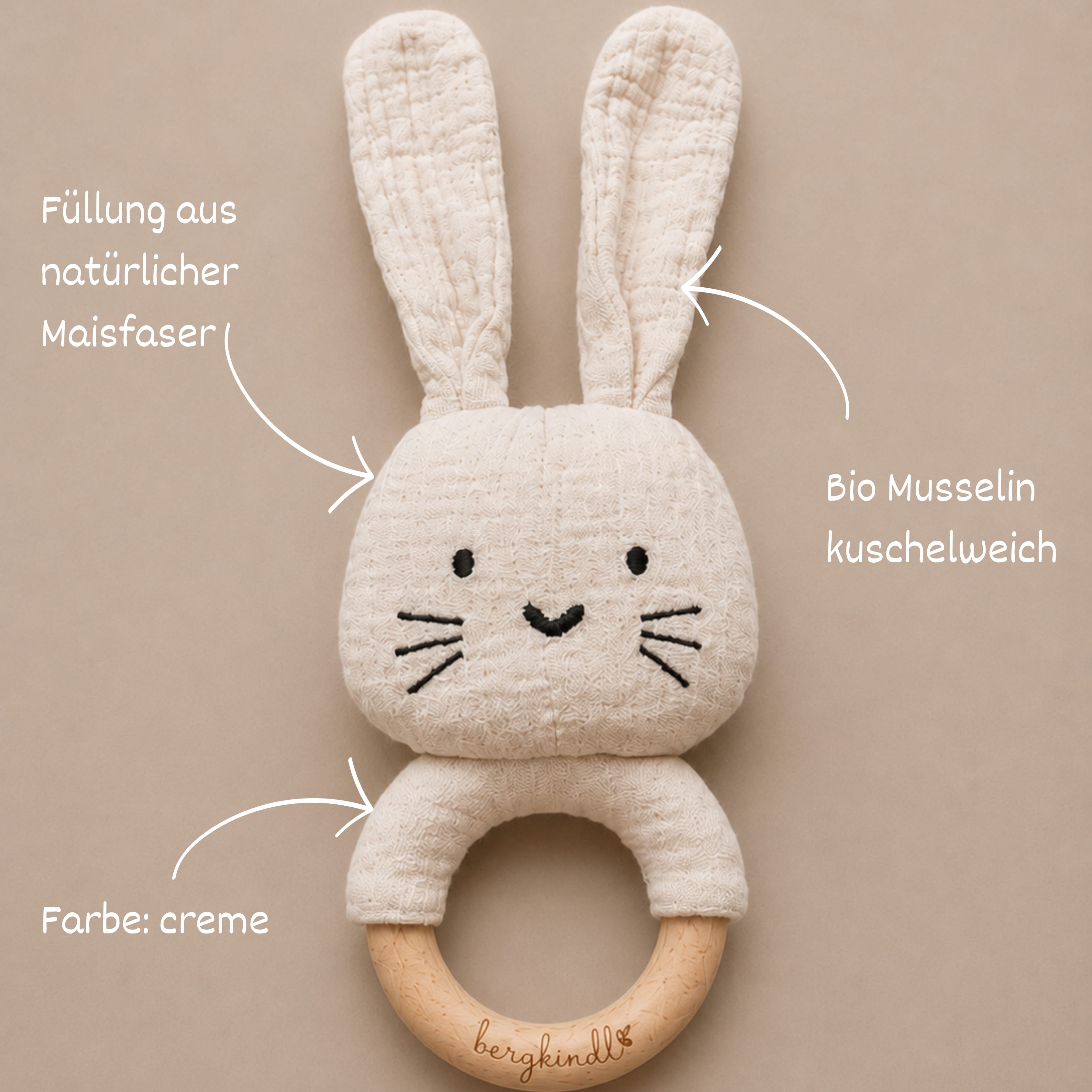 Hasen Greifrassel aus Bio-Musselin creme mit merkmalen