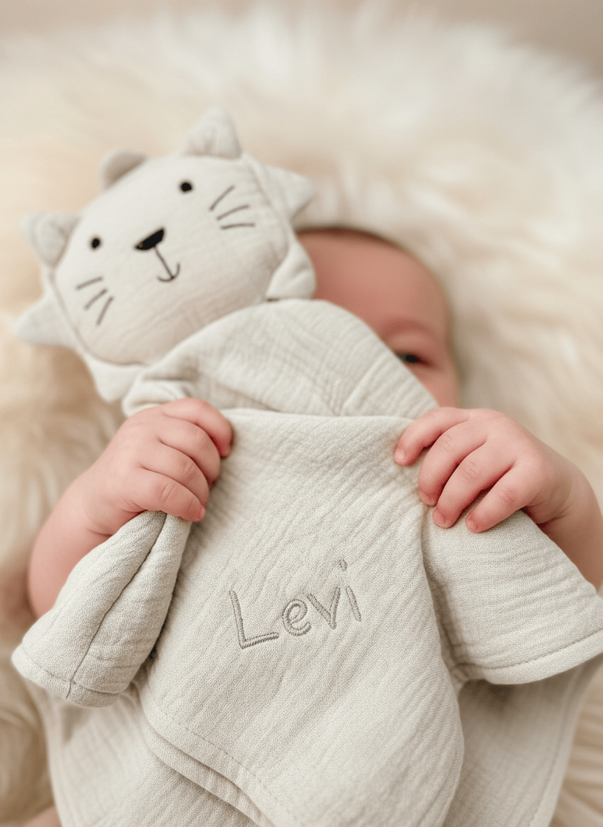 Schmusetuch-Schnufffeltuch Löwe im Arm Baby mit Personalisierung