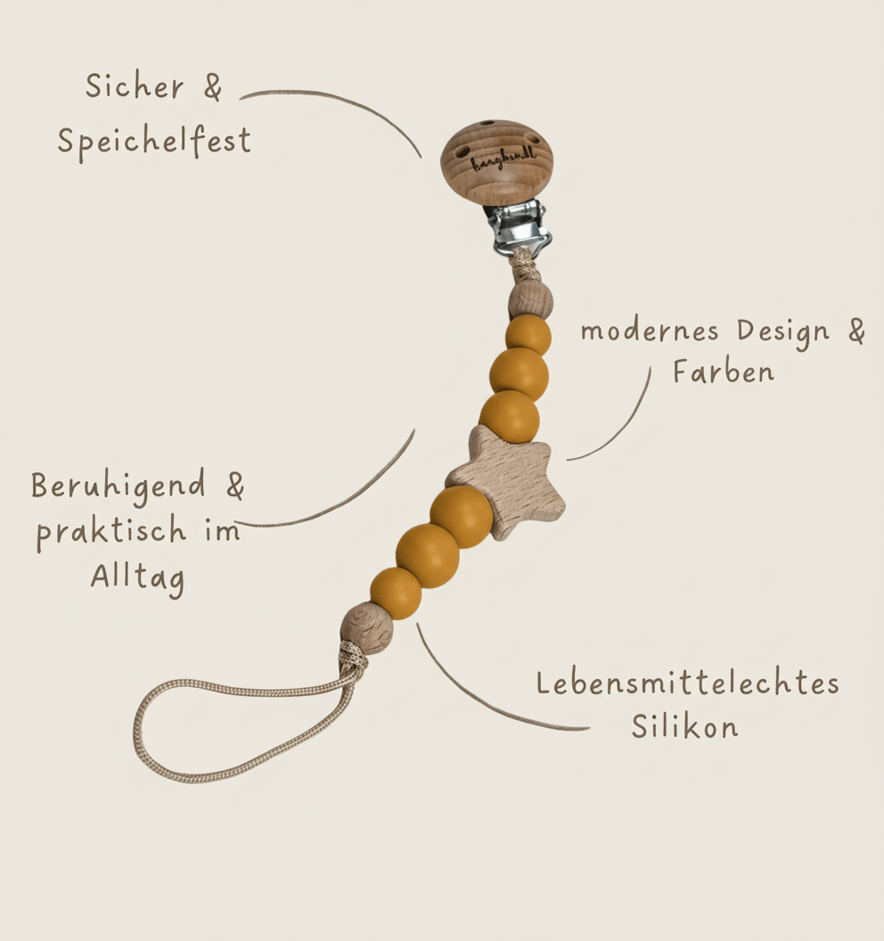 Schnullerkette baby senfgelb mit Holzclip