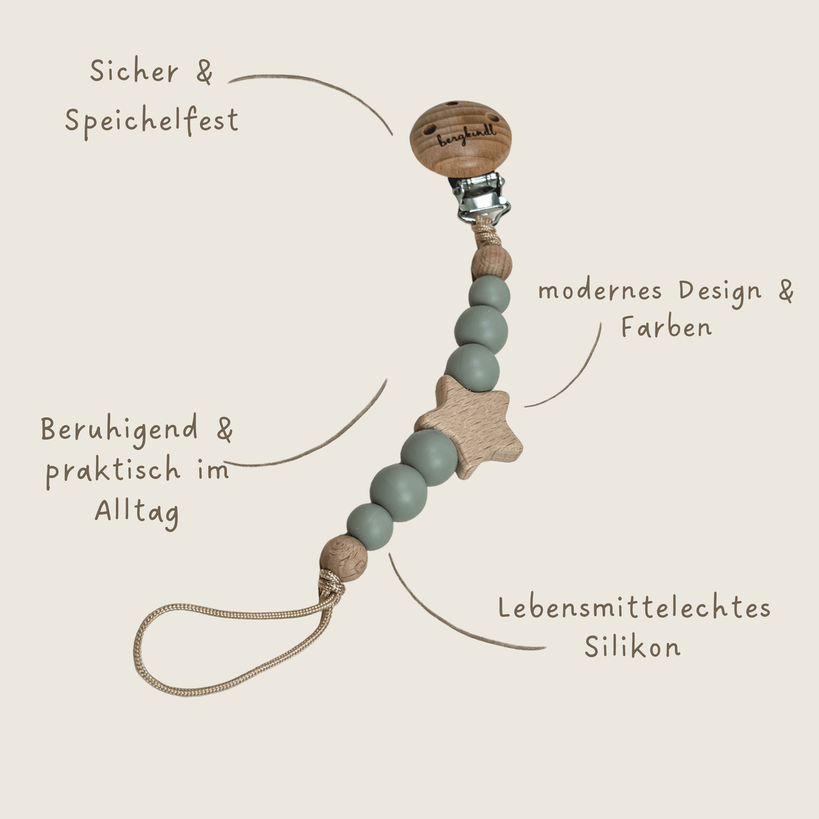 Schnullerkette Baby mint mit Beschreibung