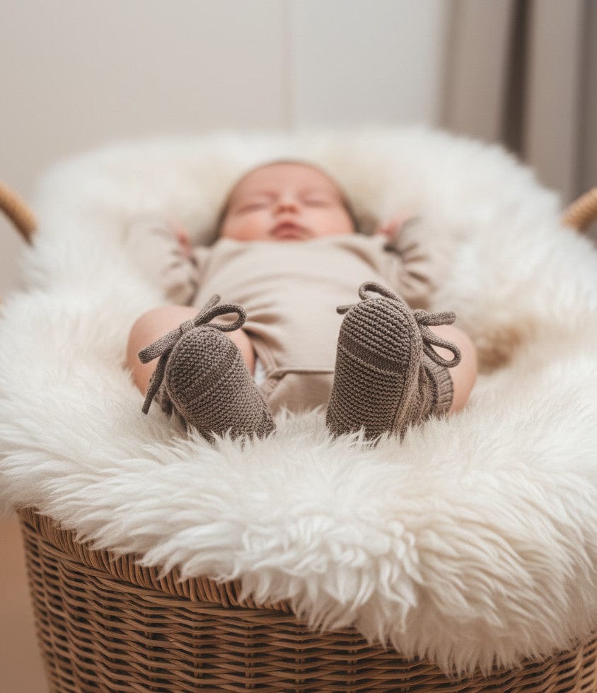 babyschuhe Merino zimt an baby Füßchen