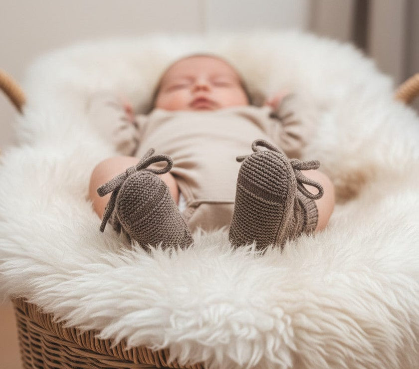 babyschuhe Merino zimt an baby Füßchen