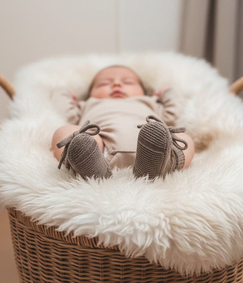 babyschuhe Merino zimt an baby Füßchen