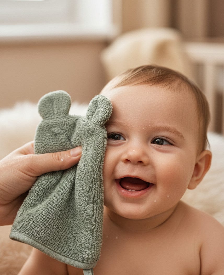 Bademantel Kinder salbei Waschlappen