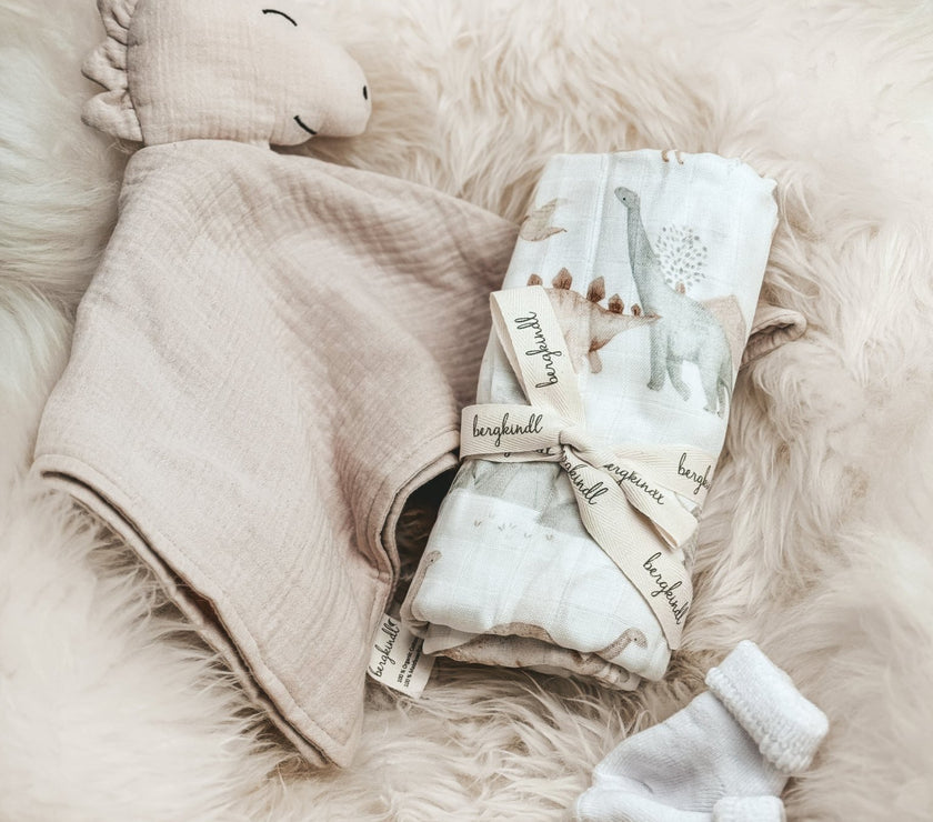 Baby Geschenkset Schnuffeltuch und Musselintuch im Dinodesign - bergkindl