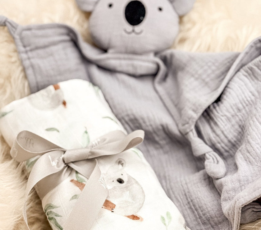 Baby Geschenkset Schnuffeltuch und Musselintuch im Koaladesign - bergkindl