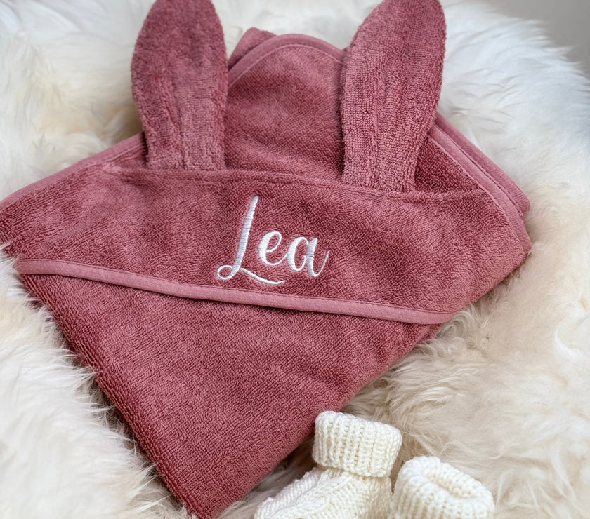 Baby Kapuzenhandtuch Hase Rosa – 100% Bio - Baumwolle - bergkindl