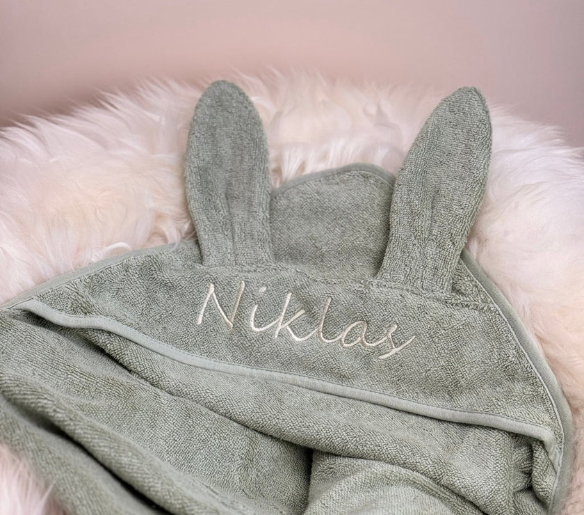 Baby Kapuzenhandtuch Hase Salbei – 100% Bio - Baumwolle - bergkindl