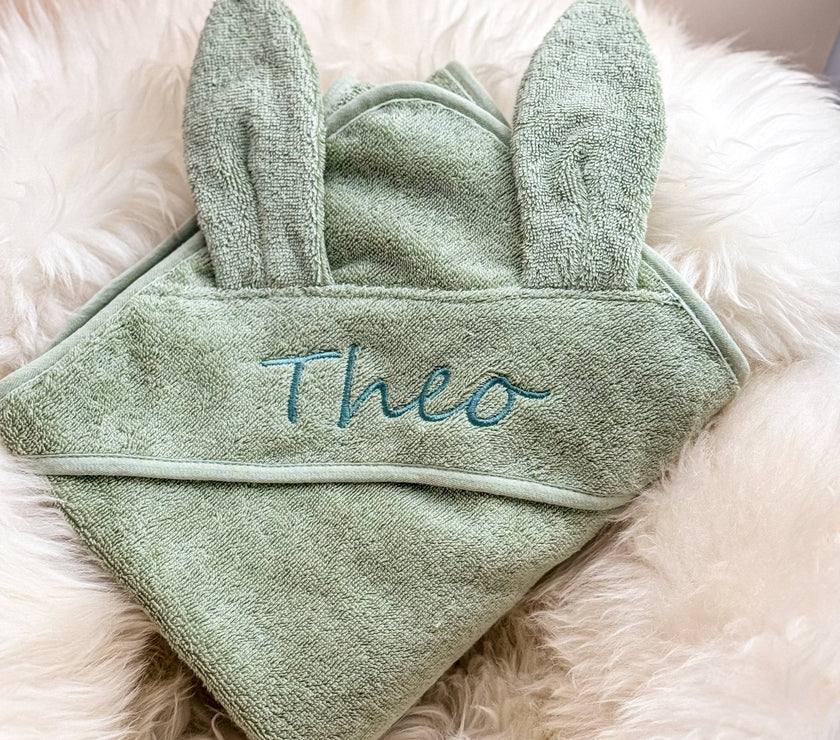 Baby Kapuzenhandtuch Hase Salbei – 100% Bio - Baumwolle - bergkindl