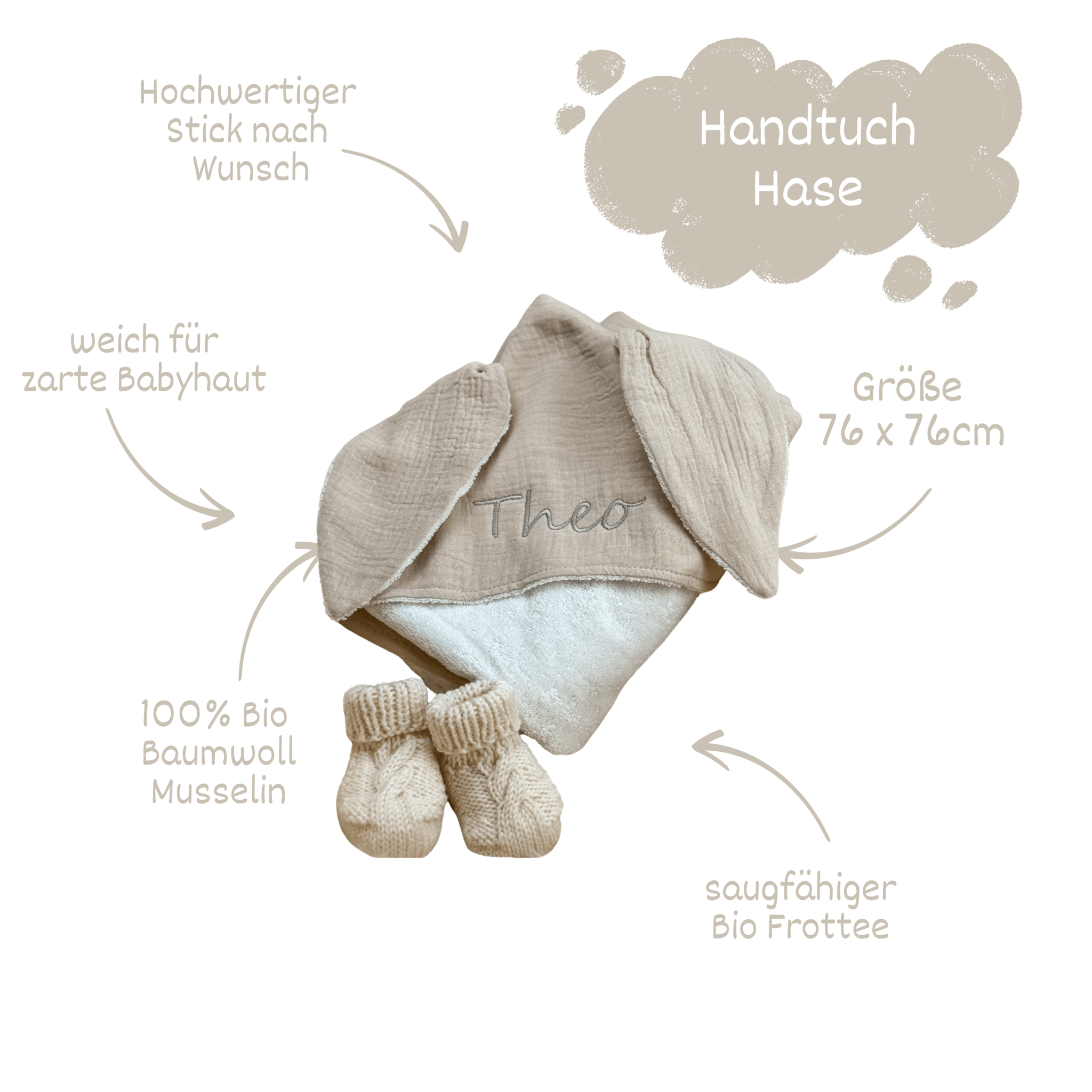 Creme Kapuzenhandtuch aus 100% Baumwolle - bergkindl