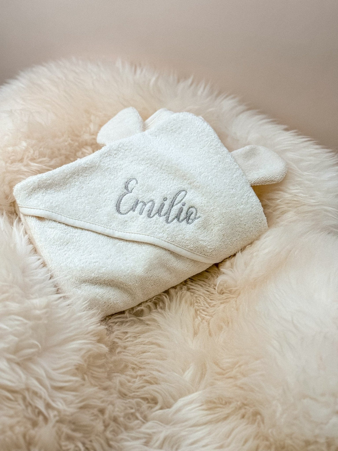 Creme Babyhandtuch / Kapuzenhandtuch Baby mit Bärenohren & Waschlappen