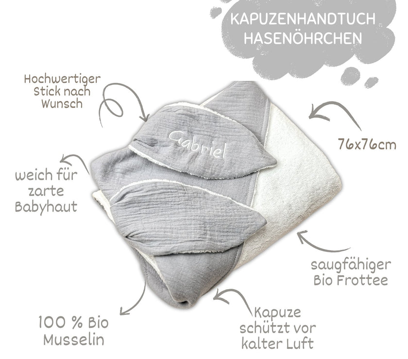 Graues Kapuzenhandtuch aus 100% Baumwolle - bergkindl