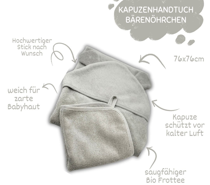 Graues Kapuzenhandtuch mit Bärenohren & Waschlappen - bergkindl