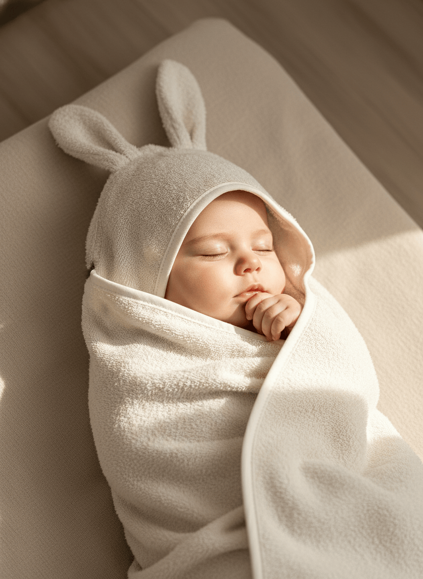 Babyhandtuch Ivory mit baby zum baden