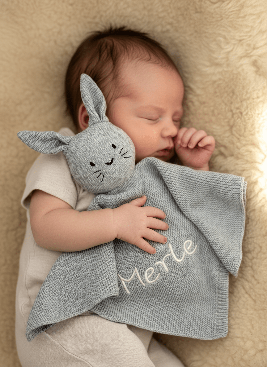 Schmusetuch Hase in Grau -baby im Arm