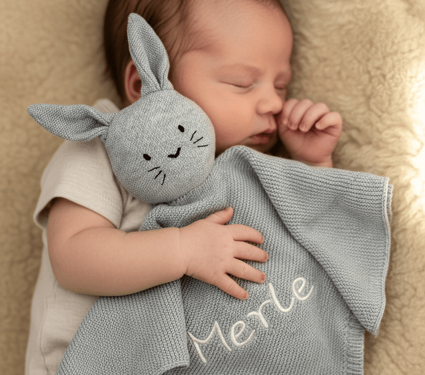 Schmusetuch Hase in Grau -baby im Arm