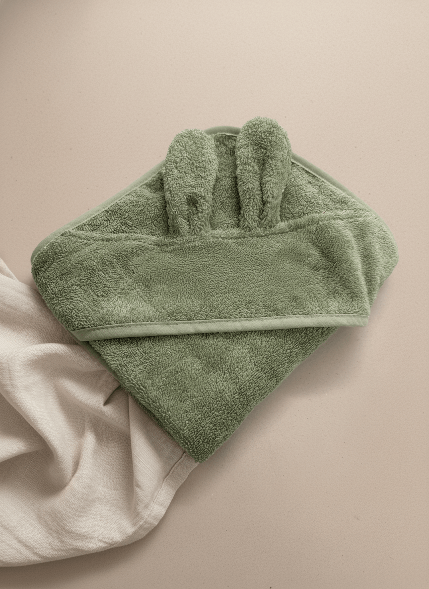Baby Kapuzenhandtuch Hase Salbei – 100%  Baumwolle - personalisiert