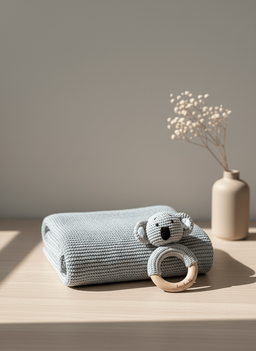 Geschenk zur Geburt – Babydecke in Grau mit Koala-Rassel