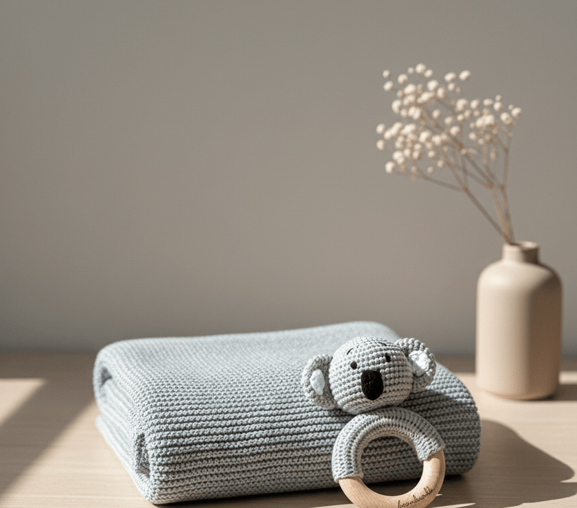 Geschenk zur Geburt – Babydecke in Grau mit Koala-Rassel