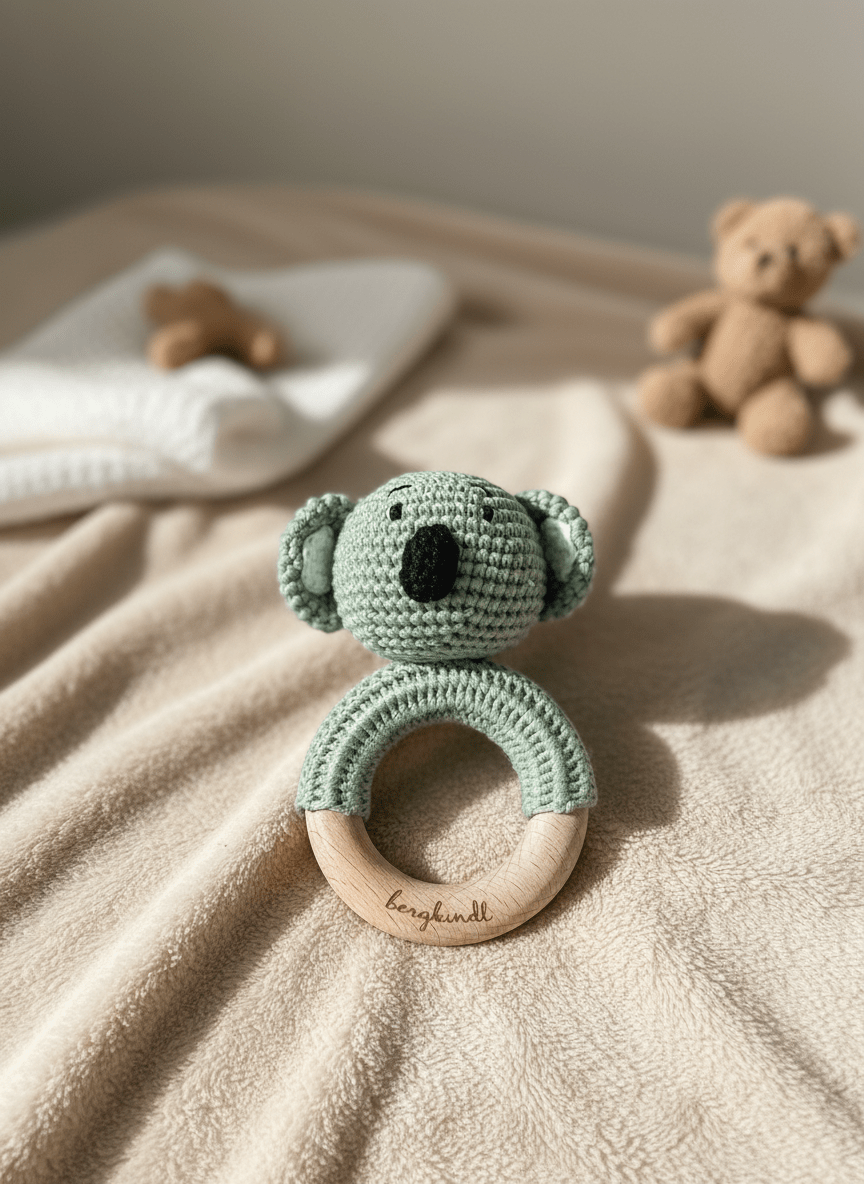 Geschenk zur Geburt – Babydecke in Salbei mit Koala-Rassel