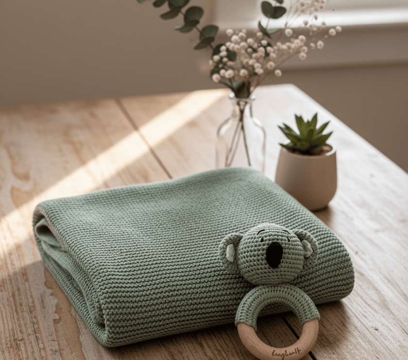 Geschenk zur Geburt – Babydecke in Salbei mit Koala-Rassel